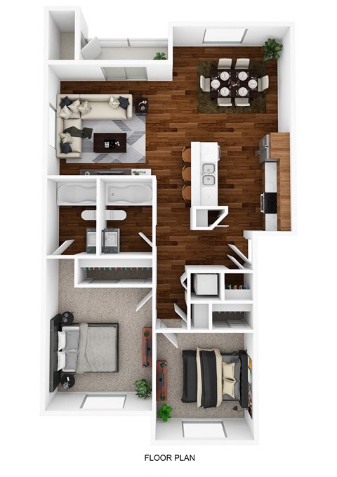 Floor plan for 2 beds, 2 baths, 1028 sqft